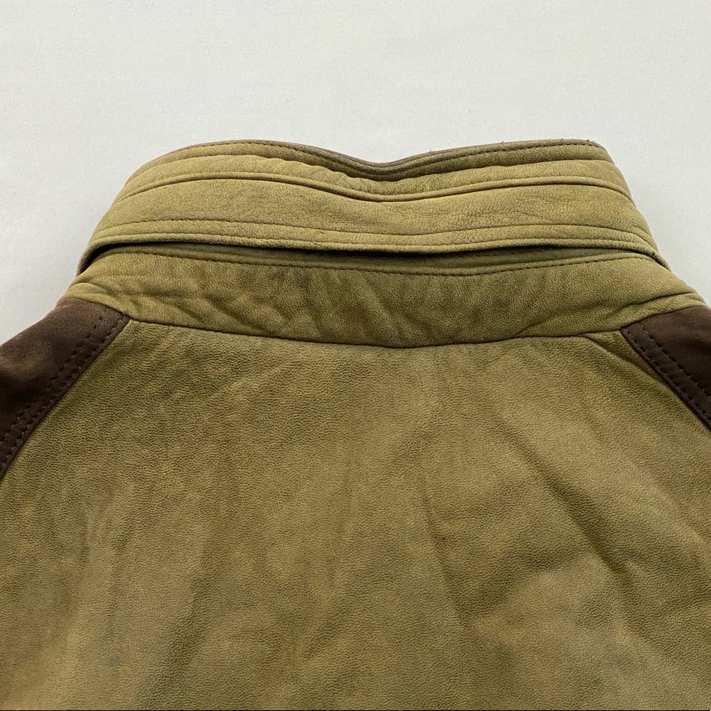 McKenzie Tribe Leather Bomber Jacket Brown Tan Men’s L Hidden Hood Zip Up - Picture 7 of 16